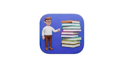 Cartoon Man Pointing at Stack of Books on transparent background