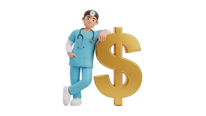 Doctor leaning on Golden Dollar Sign on transparent background