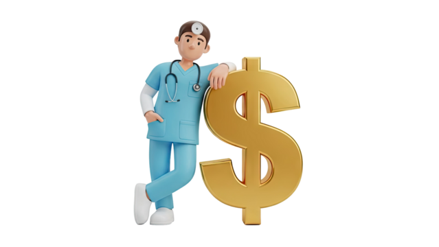 Doctor leaning on Golden Dollar Sign on transparent background - Powered by Adobe