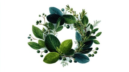 Vintage hand-drawn botanical illustration of herbs and leaves arranged in a circular wreath, detailed pen lines with watercolor shading, artistic paper grain, elegant and natural home decor style.