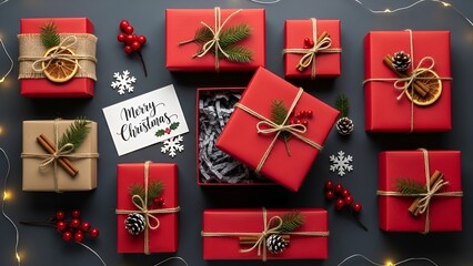 Artistic christmas gift arrangement, holiday cheer with presents and festive winter decorations