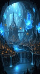 Majestic crystal city nestled deep within a vibrant, luminous subterranean cave network