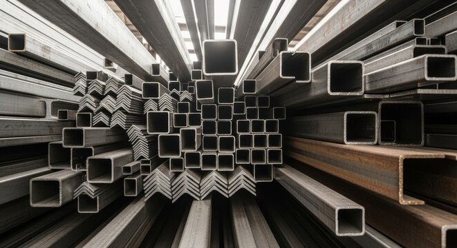 Steel profile arrangements presenting variety industrial materials and shapes for metalworking - Powered by Adobe