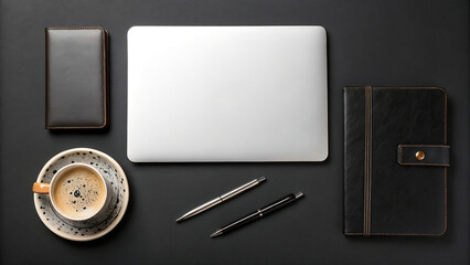 Top view of modern minimalist workspace with laptop, coffee, notebooks, and pens on dark desk