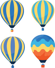 Obraz premium Set of four flat design hot air balloons with blue and yellow stripes and wavy patterns isolated on white background,
