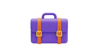 3D Purple briefcase with orange straps and yellow buckles on transparent background