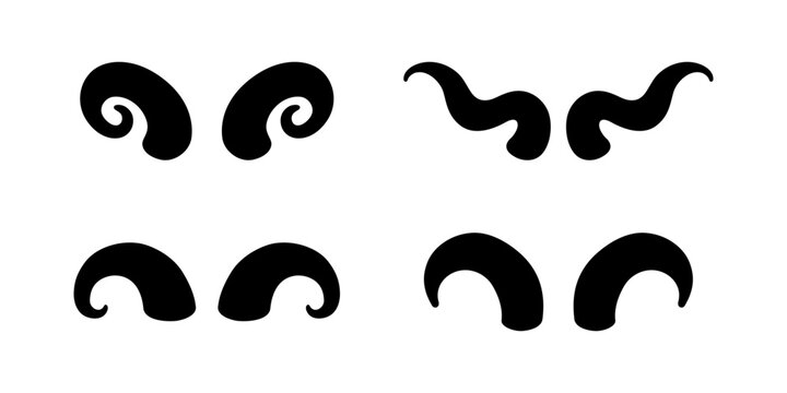 Set of curved animal horns. Decorative vector bull or ram horn shapes for tribal, fantasy, and design elements