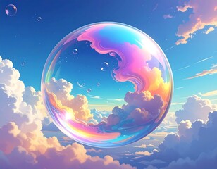 Large, iridescent bubble reflecting fluffy clouds and blue sky