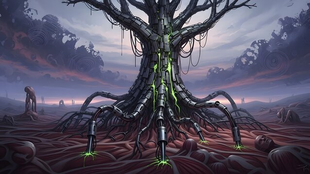 Futuristic Tree with Mechanical Roots and Eerie Landscape