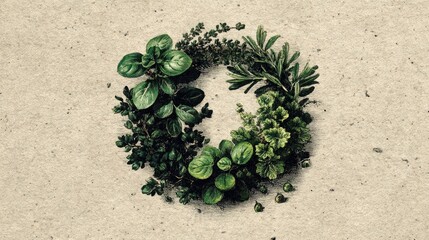 Vintage hand-drawn botanical illustration of herbs and leaves arranged in a circular wreath, detailed pen lines with watercolor shading, artistic paper grain, elegant and natural home decor style.