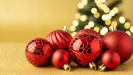 Festive arrangement of red Christmas ornaments with bokeh lights for holiday season celebrations