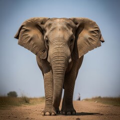 Majestic elephant strides confidently across dusty terrain in expansive savanna landscape