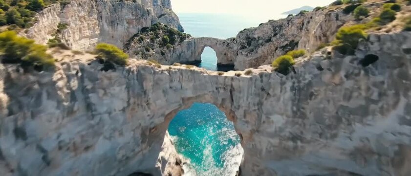 Aerial drone cinematic video of paradise fjord shaped bay and exotic caves of Korakonisi, Zakinthnos island, Ionian, Greece