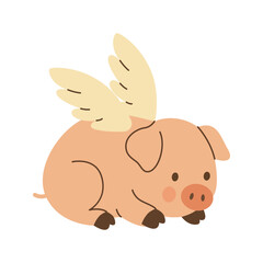 Obraz premium Cute piglet with wings lying down resting. Adorable cartoon flying pig vector illustration for fantasy designs, kids books, and playful farm art