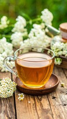 Glass cup of tea with flowers on rustic wooden surface