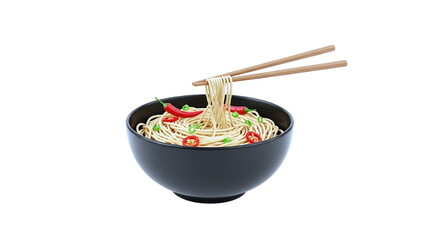 3D Noodles with chili and spring onions in a bowl with chopsticks on transparent background