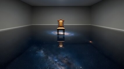 Golden chair in a minimalist room, floor reflects the cosmos, a conceptual space for introspection