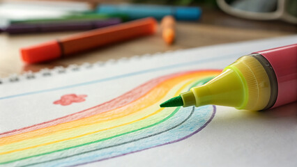 Closeup of a highlighter drawing a colorful rainbow wave on white paper with other markers in the background