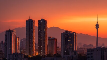 Cityscape at sunset with urban skyline, dramatic orange sky, and mountain backdrop.