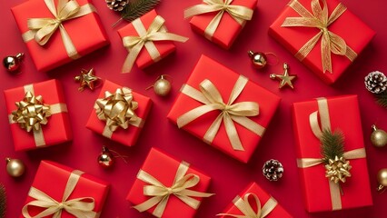 Festive composition of red gift boxes adorned with golden ribbons on a vibrant backdrop