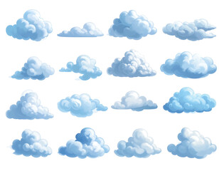 A collection of various fluffy, cartoon-style clouds, showcasing different shapes and sizes against a black background