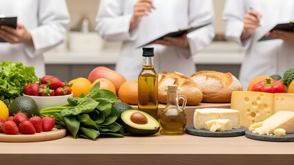 Food Safety Inspectors with Clipboards Checking Quality of Fresh Produce Cheese and Olive Oil