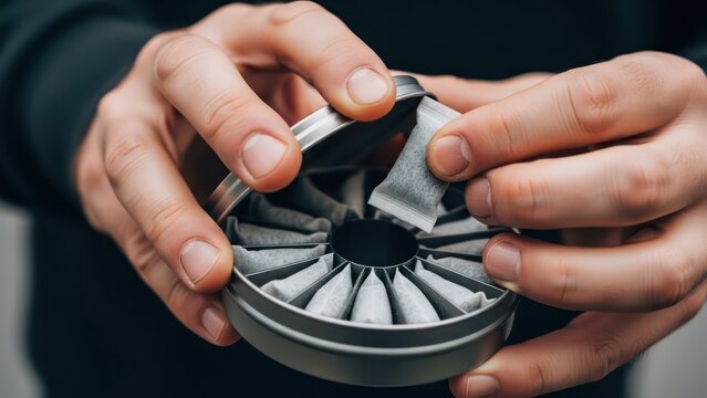Snus product extracted from container highlighting consumer usage and dependence