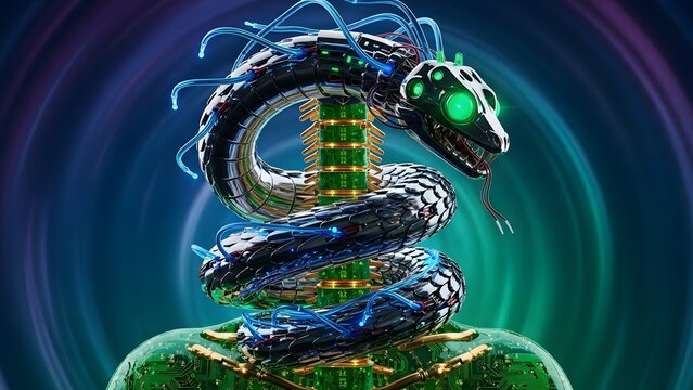 Futuristic Cybernetic Serpent with Glowing Eyes and Intricate Mechanical Details