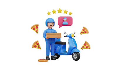 Obraz premium 3D Pizza Delivery Guy with Scooter and Rating Stars on transparent background