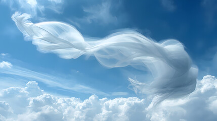 Cloud dancer and wind motion. Flowing ethereal cloud formation drifting across a vivid blue sky