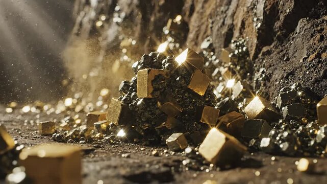 Golden pyrite crystals resembling tiny cubes catch sunlight in a mineral deposit, showcasing natural beauty and geological wonder.