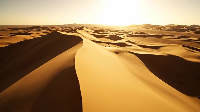 Golden sand dunes shift silently under a relentless desert sun, showcasing vast arid landscapes and serene natural beauty.