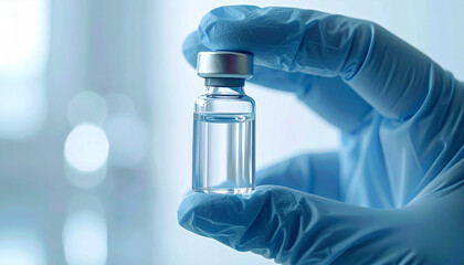 Hope in a Vial: A close-up shot of a gloved hand delicately holding a transparent vial, containing a clear liquid, symbolizing medical advancement and the potential for a cure.