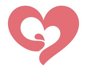 A simplified graphic illustration of a pink heart with a stylized inner shape and a small droplet.