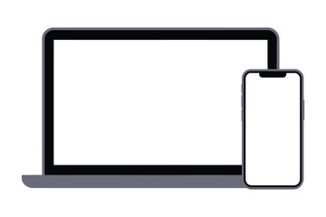 A laptop and a smartphone sit side-by-side, both displaying blank white screens.