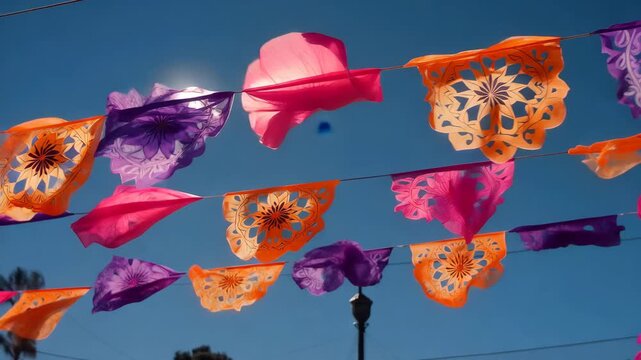 Colorful papel picado banner festival sky paper flag decoration blowing in wind vibrant outdoor celebration party holiday cultural ornament traditional pattern cheerful festival decoration