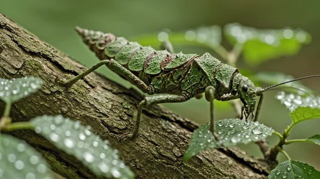 Incredible camouflaged stick insect blending perfectly with a mossy tree branch and dew-kissed leaves