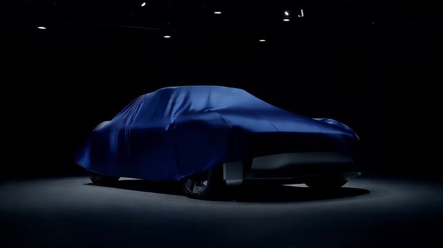Mysterious futuristic electric car blue cloth, covered vehicle dark background, concept car automotive silhouette hidden spotlight, blue fabric cover sleek design reveal, modern luxury automotive