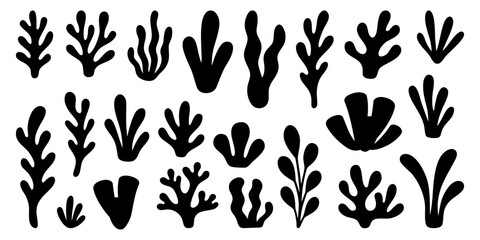 Silhouette set of corals, and plants in black style. Ocean-themed shapes for creative projects © Lifeking