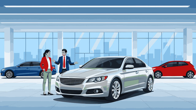 Car salesman showing silver car to customer in showroom