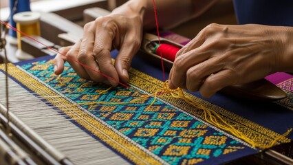 Skilled Artisan Hands Weaving Traditional Oriental Silk Fabric