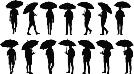 Obraz premium People, silhouette, collection, holding, umbrella, standing, walking, rain, weather, men, women, black, figures, isolated, white, background, outdoor, lifestyle, set, pack