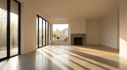 Soft morning sunlight fills an empty modern living space through large windows, creating calm shadows and a sense of new beginnings, possibility and quiet optimism.