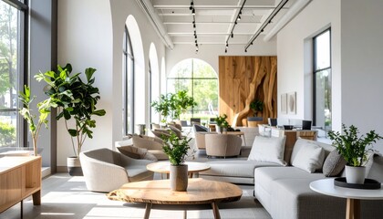 Fototapeta premium Modern minimalist living room interior with plants and natural light.