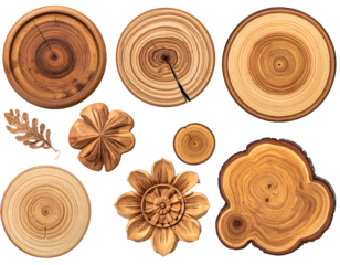 A collection of various wooden shapes and elements on a black background, including rounds, flowers, and a leaf