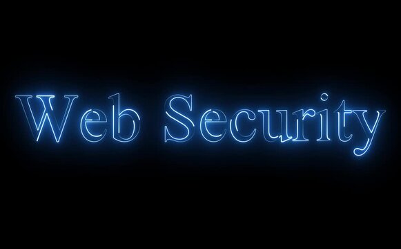 Glowing blue neon text displaying "web security" on a black background