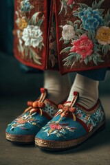 Traditional embroidered shoes and garment detail