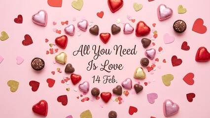 Valentines Day chocolates and hearts on pink background