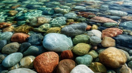 Colorful river stones submerged in clear with sunlit shallow water.