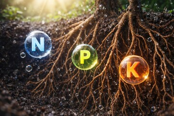 Tree roots nourished by NPK fertilizer show the chemical elements Nitrogen, Phosphorus, and Potassium, related to gardening, botany, and soil health.